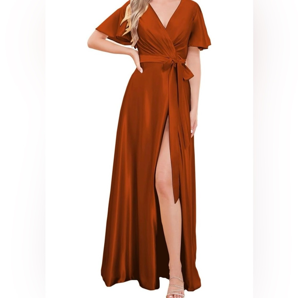 V-Neck Satin with Sleeves Wrap High Slit Long Formal Gown Dress
